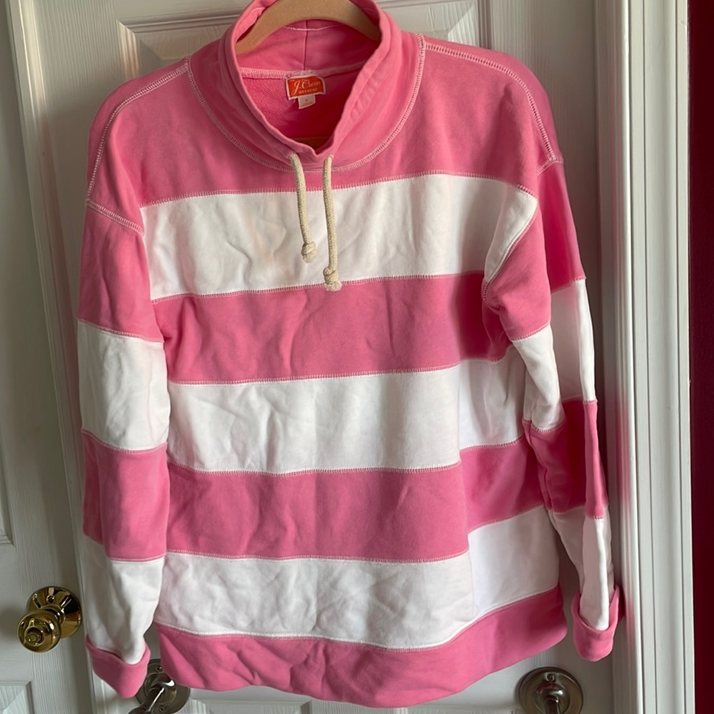 J. Crew weekend rugby stripe pullover, pink, white small funnel neck sweatshirt.